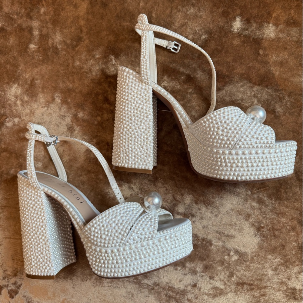 Gianni Bini Kemara Open Toe Embellishment Pearl Studded Platform Heels